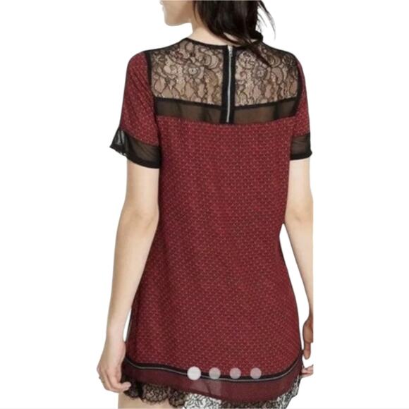 Express multi‎ pattern RED AND BLACK lace yoke trim Sheath dress size XS NEw! - Picture 2 of 11